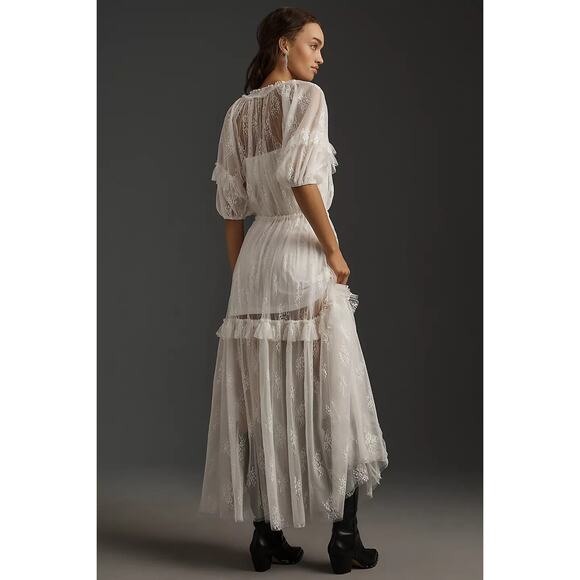 New ANTHROPOLOGIE Let Me Be Short-Sleeve Ruffle Maxi Dress $198 X-SMALL White - Picture 4 of 7